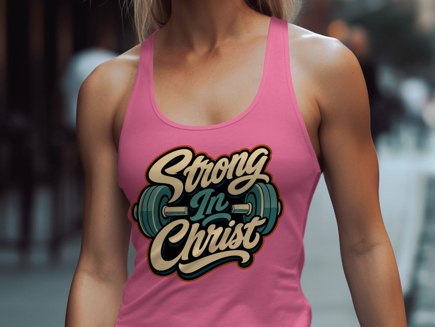 Pink tank top with "Strong In Christ" text and barbell graphic.