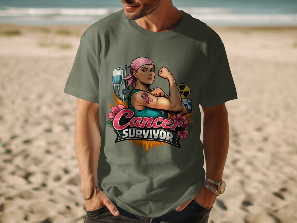 T-shirt with woman flexes bicep, pink headscarf, and "Cancer Survivor" text.