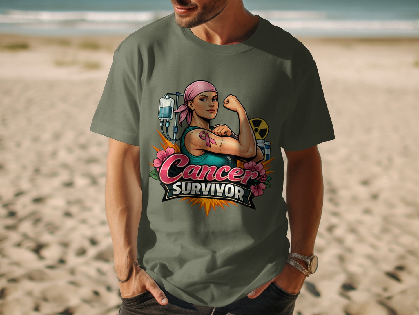 T-shirt with woman flexes bicep, pink headscarf, and "Cancer Survivor" text.