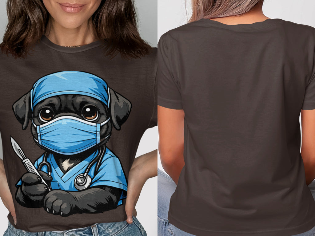 Illustration of a pug wearing a scrub cap, mask, and stethoscope holding a scalpel.