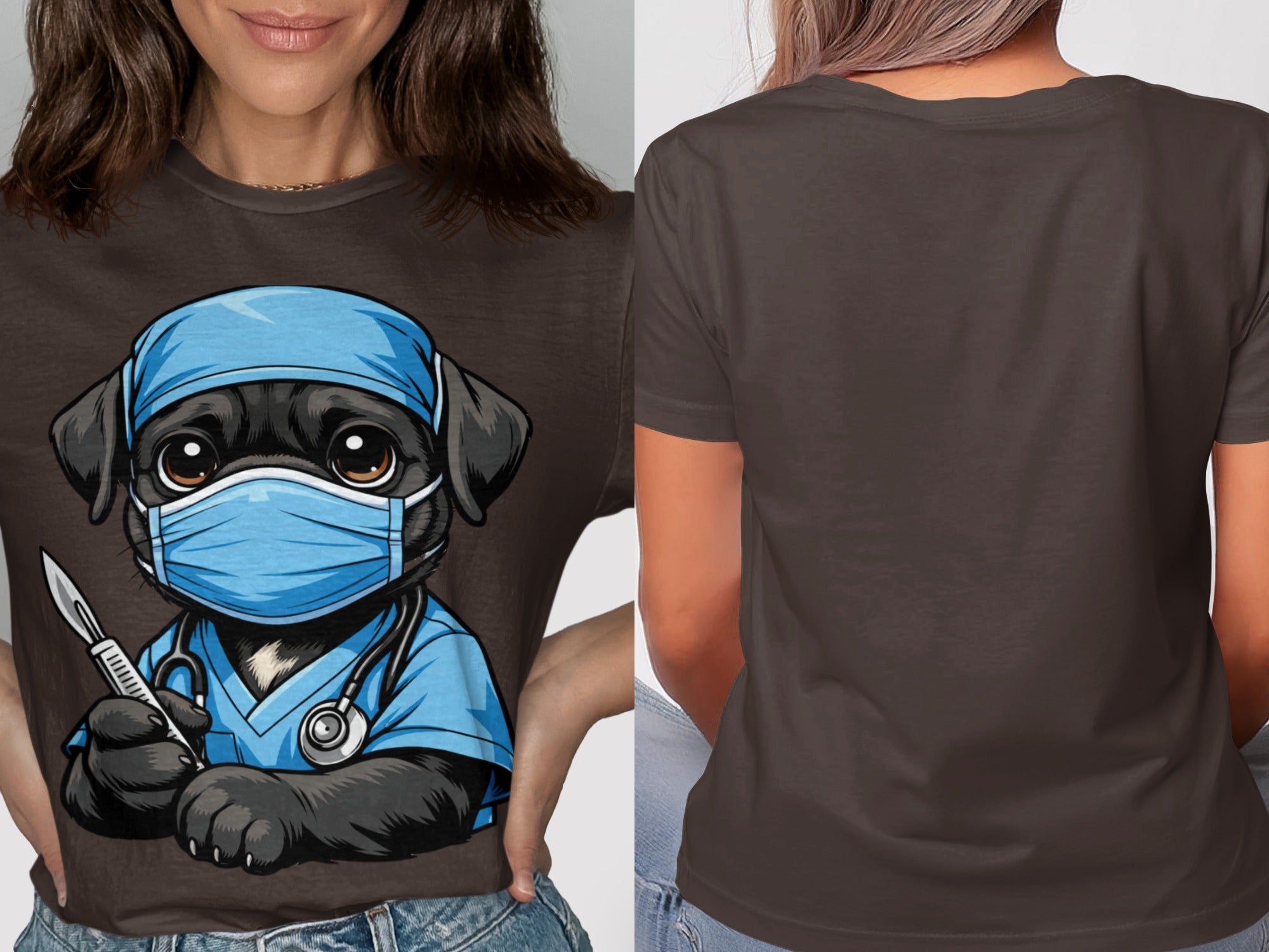 Illustration of a pug wearing a scrub cap, mask, and stethoscope holding a scalpel.