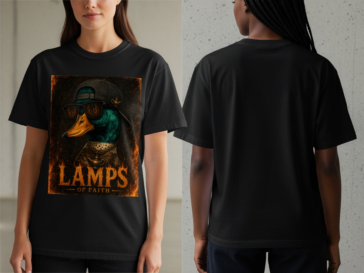 Black t-shirt with a graphic of a duck wearing sunglasses and a cap, with text "LAMPS OF FAITH".