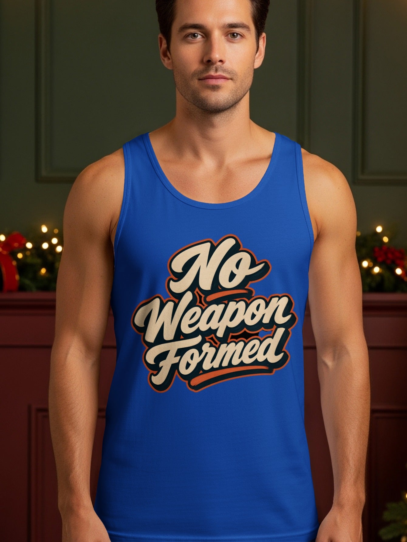 Blue tank top with "No Weapon Formed" text.