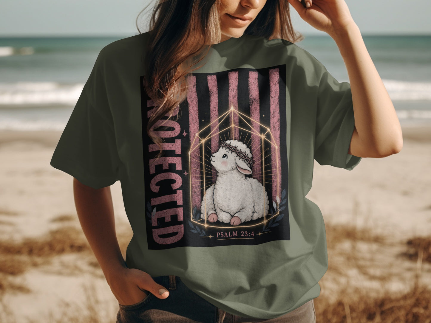 T-shirt with screen print of a lamb with crown of thorns, "protected," and "psalm 23:4."