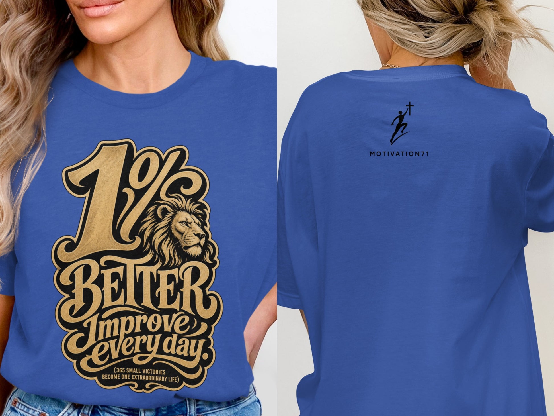 Blue t-shirt with "1% Better Improve every day" slogan, lion graphic, and "MOTIVATION71" logo.
