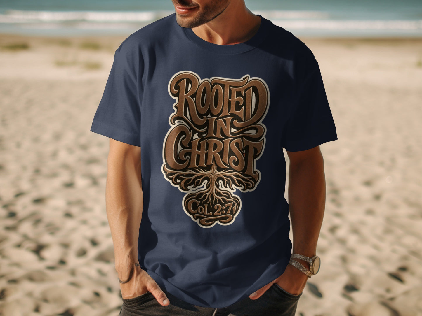 Navy t-shirt with "Rooted in Christ Col. 2:7" text and tree roots graphic.
