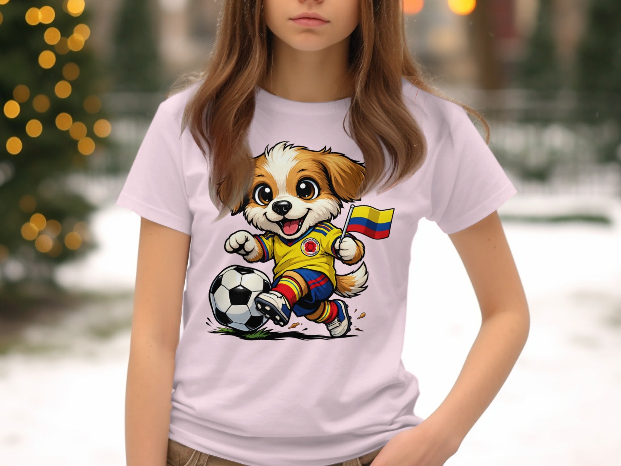 Cartoon dog in Colombian soccer uniform plays with a ball and flag.