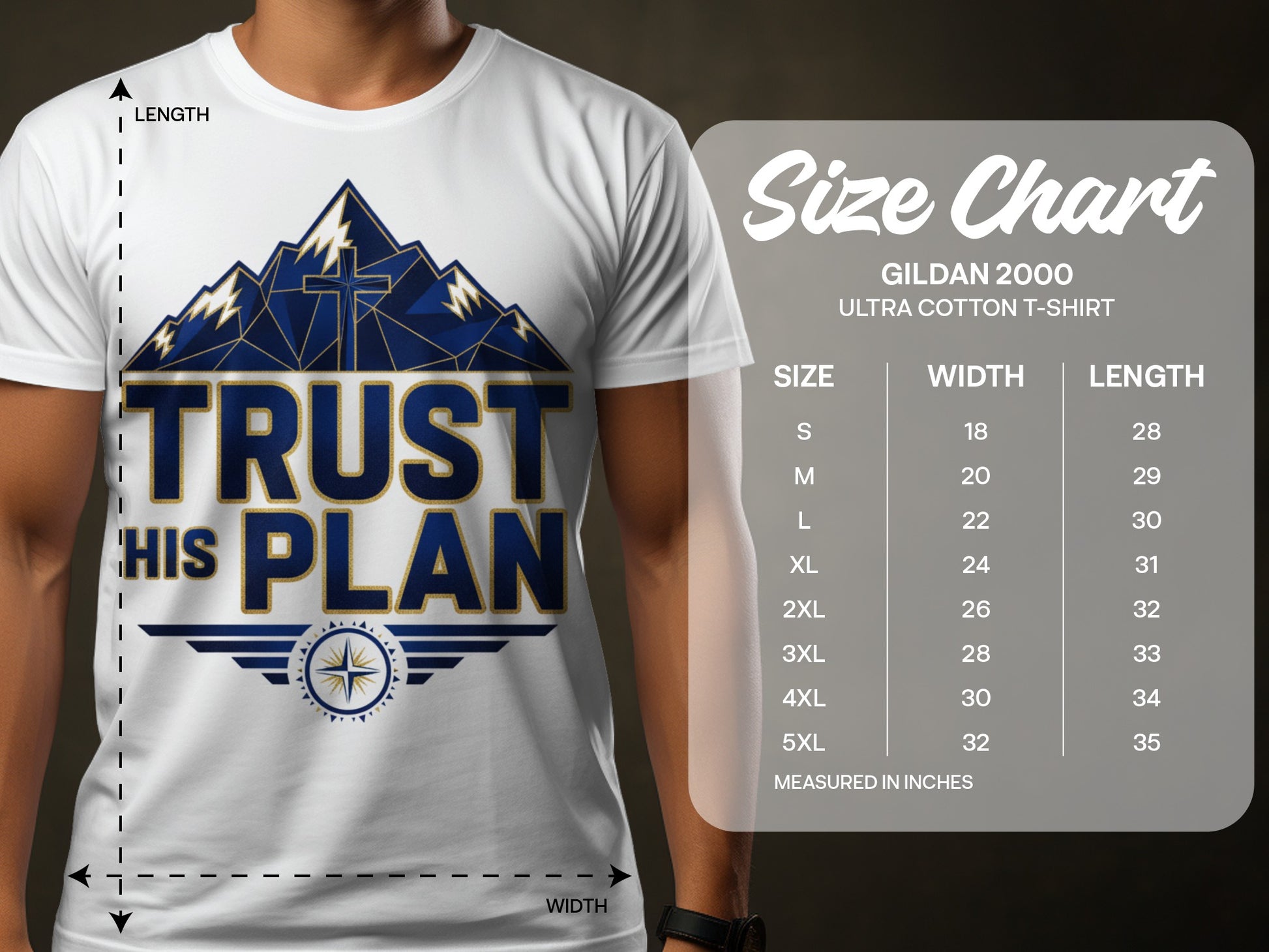 White t-shirt with "Trust His Plan" graphic and Gildan 2000 size chart.