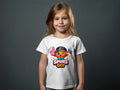Girl wearing white t-shirt with "Go Spurs Go!" cartoon graphic and foam finger.