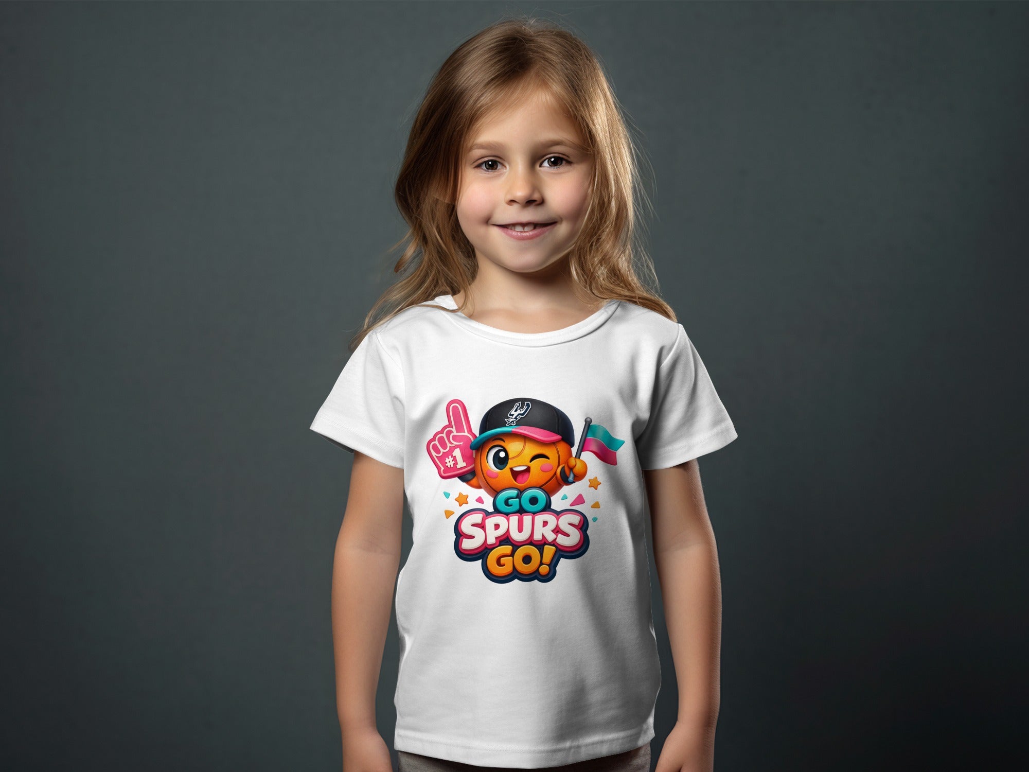 Girl wearing white t-shirt with "Go Spurs Go!" cartoon graphic and foam finger.