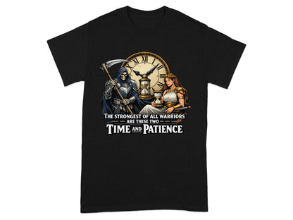 Grim Reaper and a woman with a sword next to a clock and hourglass.