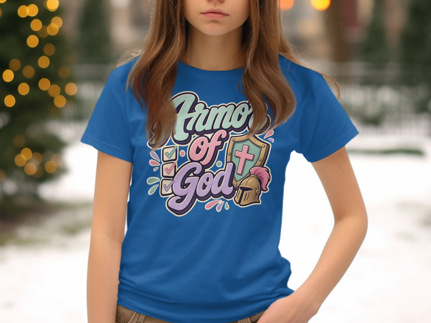 Blue t-shirt with "Armor of God" text, shield, cross, helmet, and checkmarks.