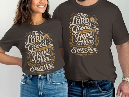Brown t-shirts with "The Lord is Good" text and Lamentations 3:25 Bible verse.
