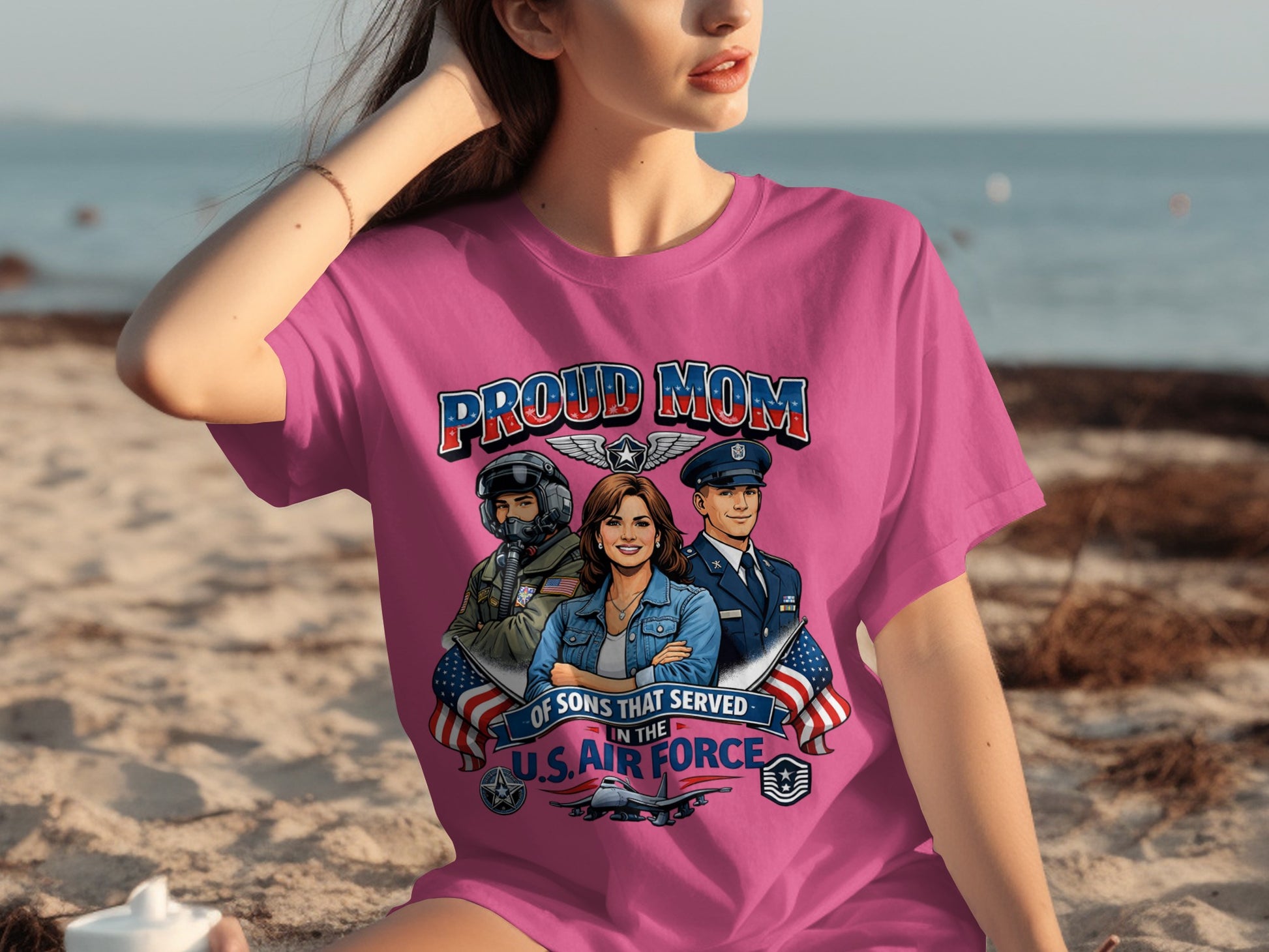 Proud Mom of sons that served in the U.S. Air Force graphic on pink shirt.