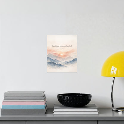 Watercolor art print with mountains, sunset, and text "Be still, and know that I am God."