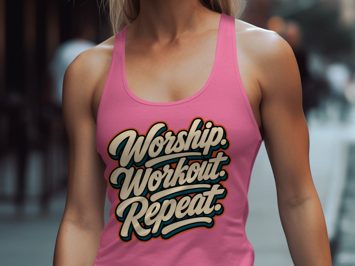Pink tank top with "Worship. Workout. Repeat." graphic in retro font.