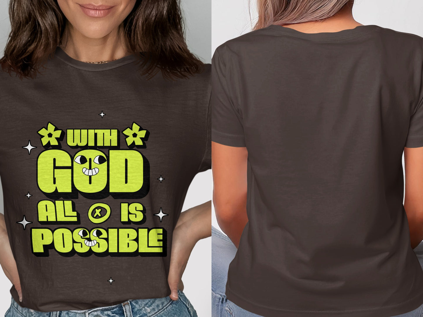 Brown t-shirt with "WITH GOD ALL IS POSSIBLE" text and cartoon faces.