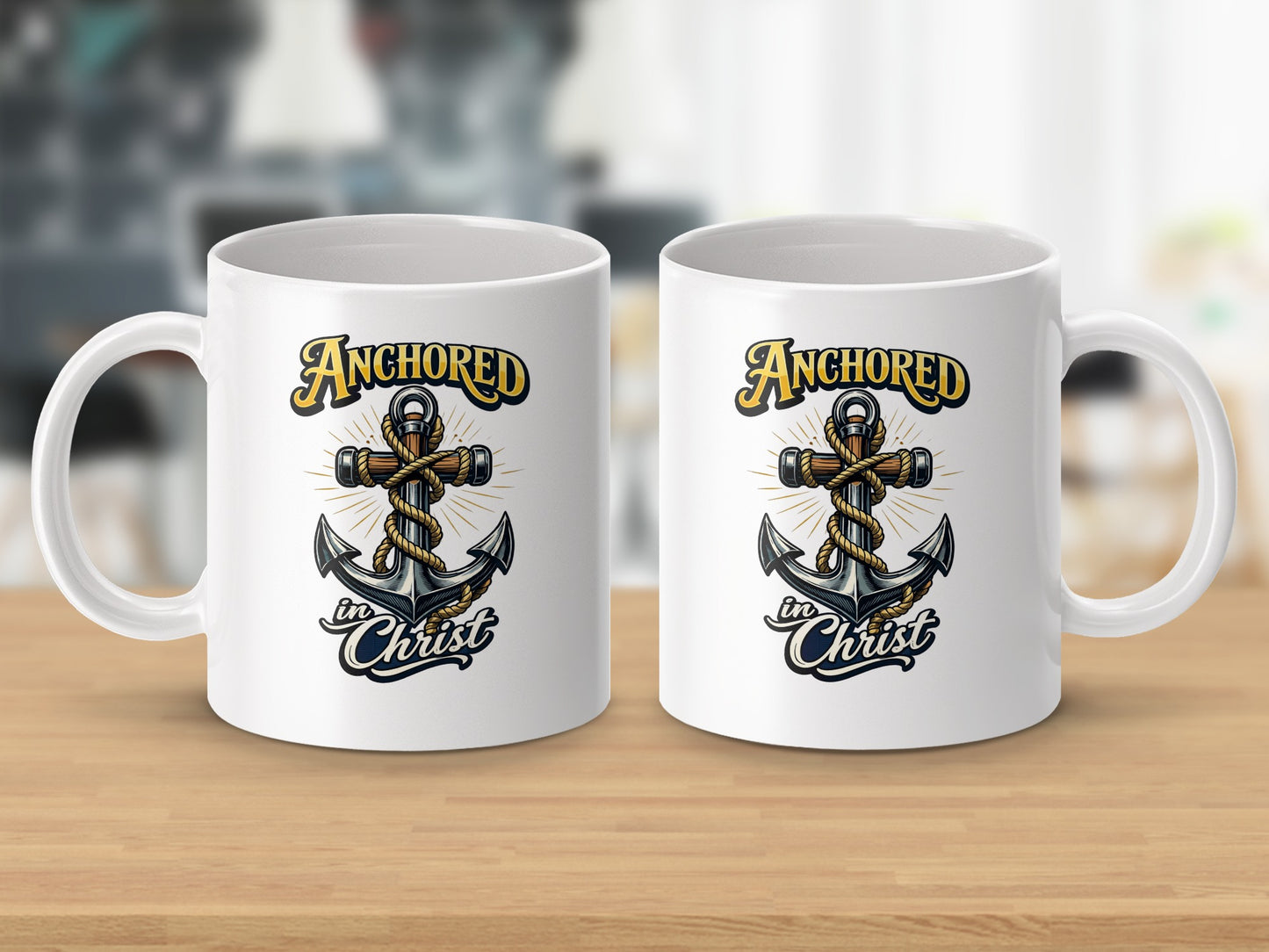 Two white mugs featuring a graphic of an anchor with the text "Anchored in Christ".