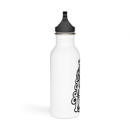 White stainless steel water bottle with black lid and black ornate text design.