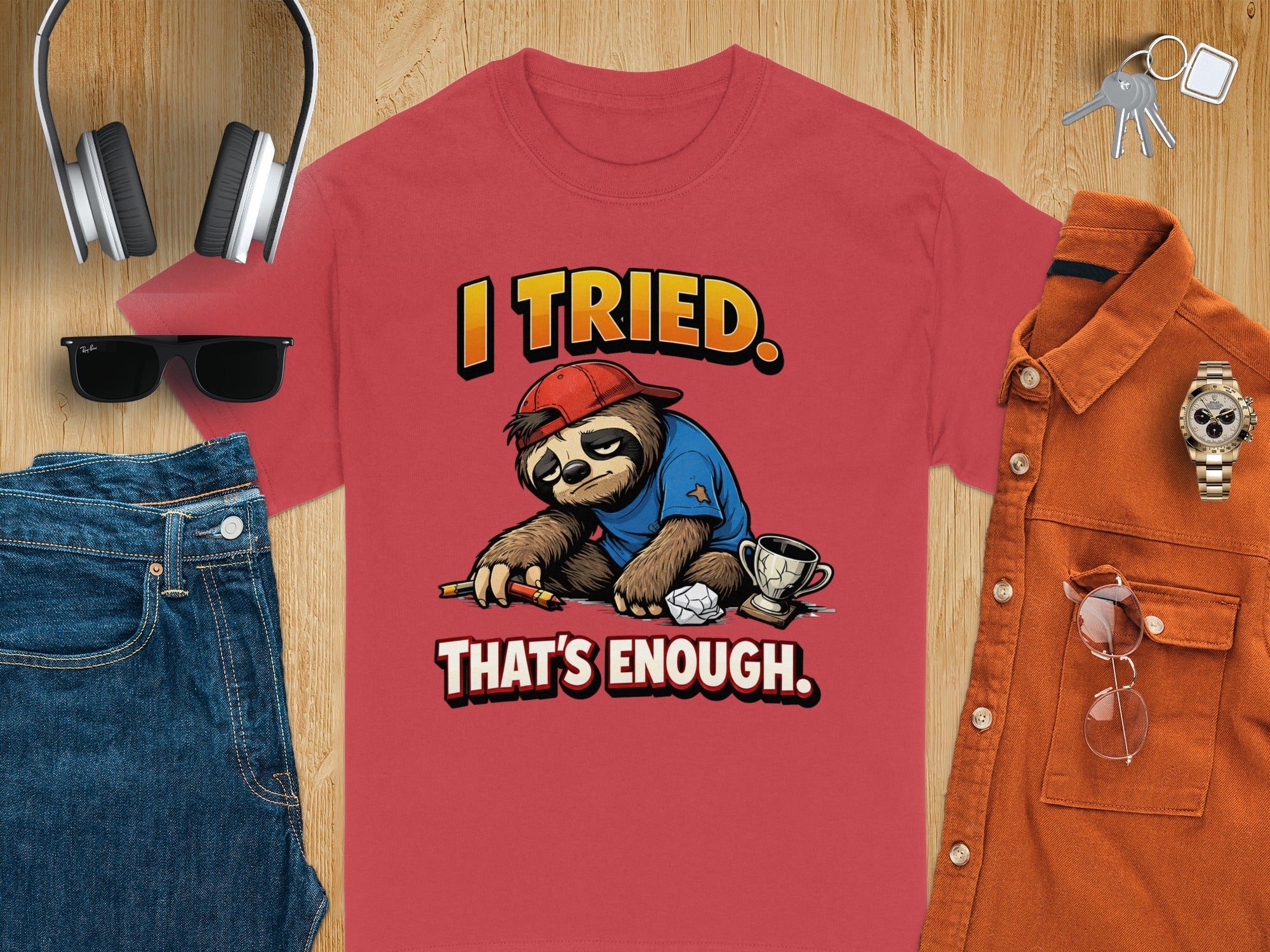 Red t-shirt with cartoon sloth saying "I tried. That's enough."