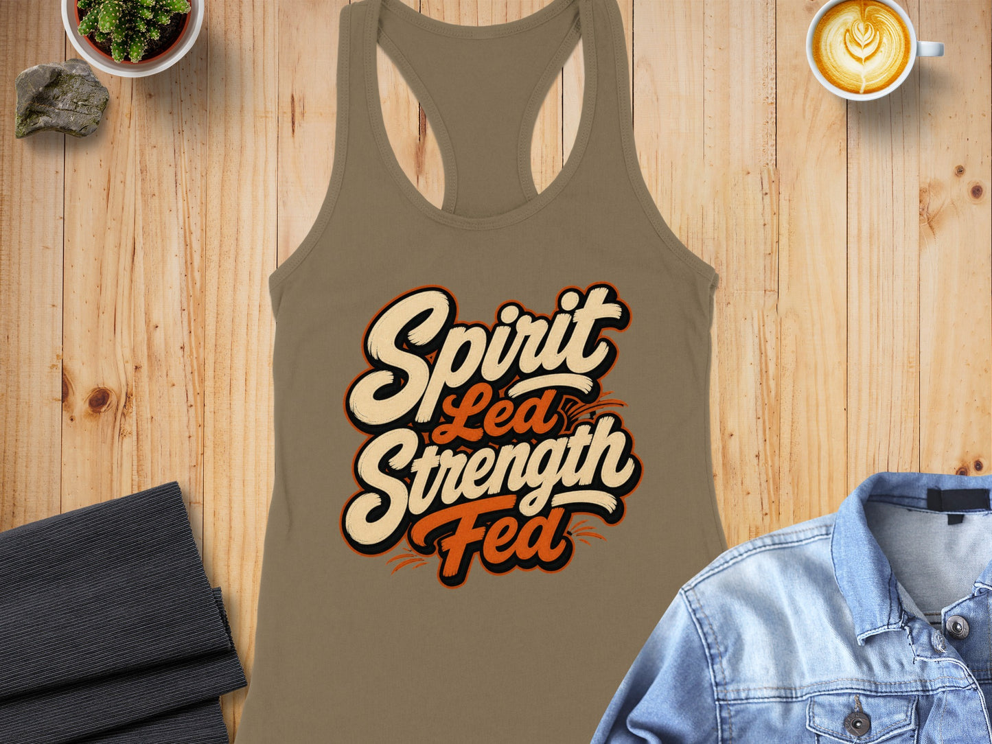Tan tank top with "Spirit Led Strength Fed" text graphic.