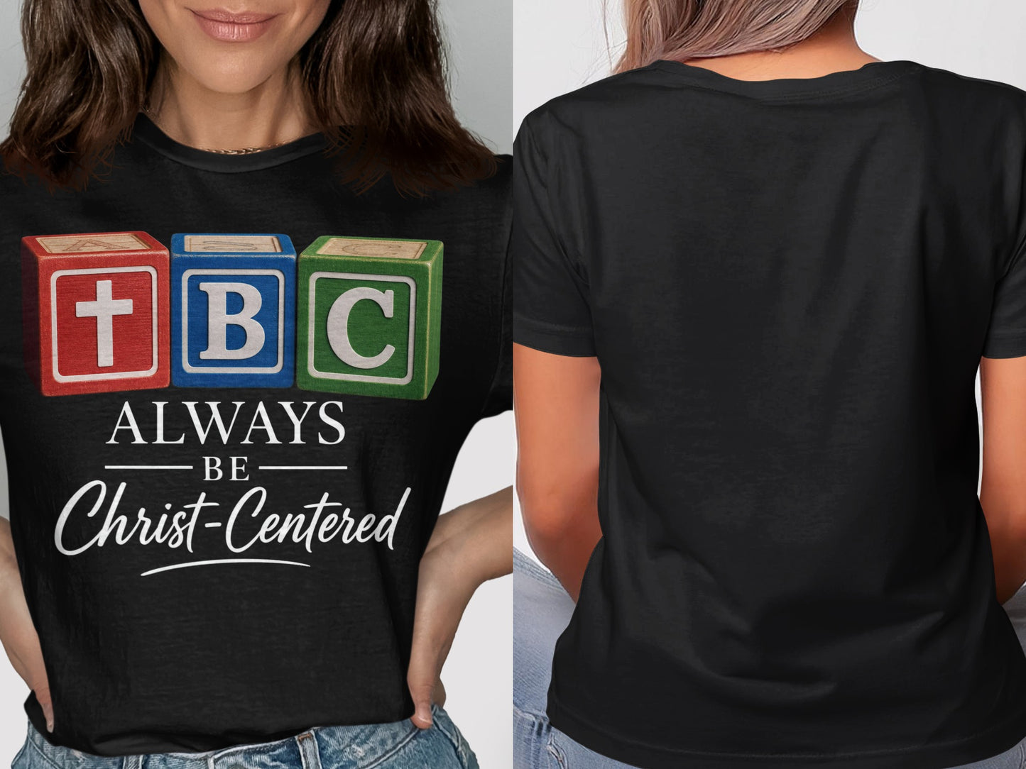 Black t-shirt with alphabet blocks spelling TBC and text "ALWAYS BE Christ-Centered".