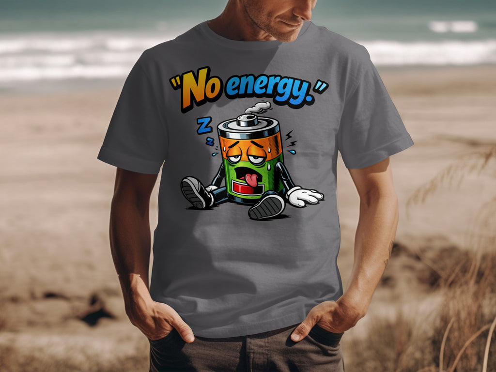 Gray t-shirt with cartoon battery graphic and text "No energy."