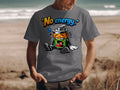 Gray t-shirt with cartoon battery graphic and text "No energy."