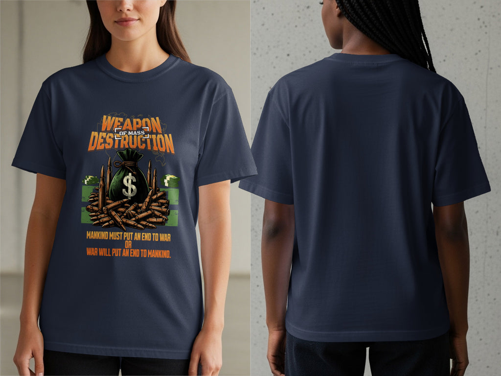 Dark blue t-shirt with "Weapon of Mass Destruction" text and money bag.