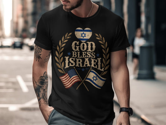 Black t-shirt with "God Bless Israel" text, Israeli and US flags, and laurel wreath.
