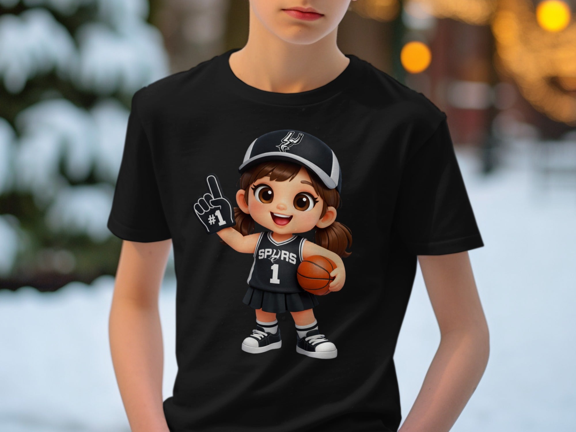 Cartoon girl in Spurs jersey and hat with basketball, wearing #1 foam finger.