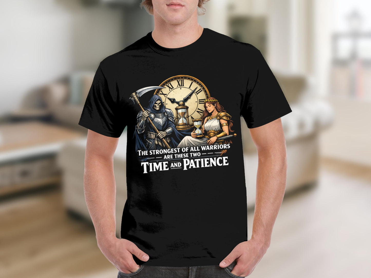 Grim reaper and warrior with hourglass and clock, text: Time and Patience.