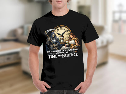Grim reaper and warrior with hourglass and clock, text: Time and Patience.