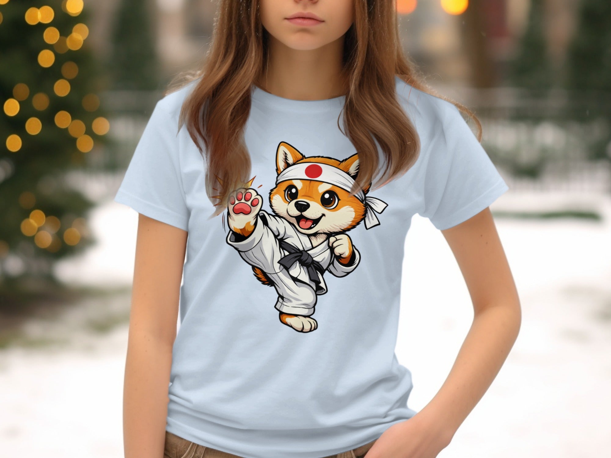 Cute cartoon corgi in karate uniform kicking on a light blue t-shirt.