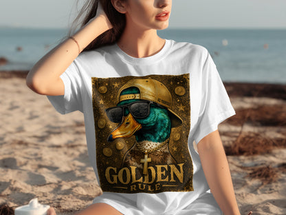 White t-shirt with a duck illustration wearing sunglasses and a golden chain.