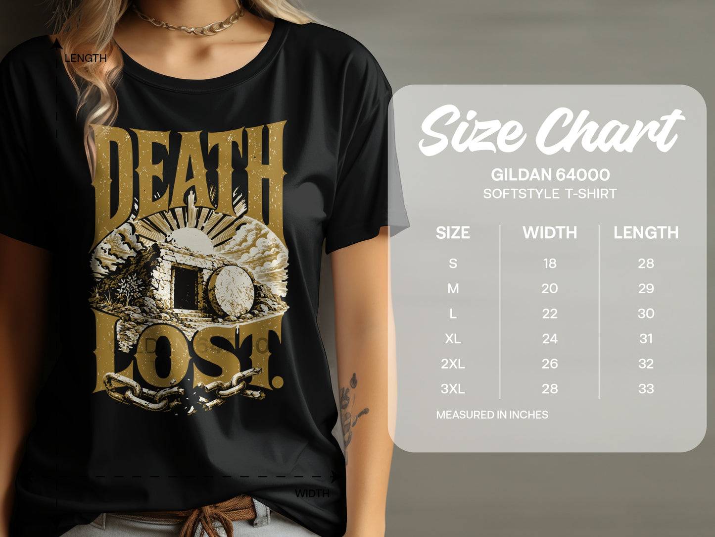 Black t-shirt with "Death Lost" graphic and a size chart in inches.