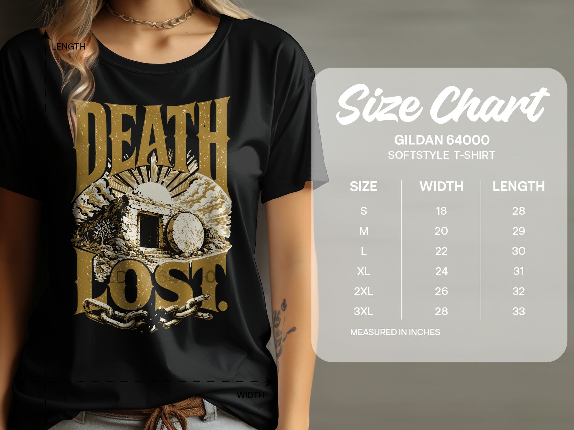 Black t-shirt with "Death Lost" graphic and a size chart in inches.