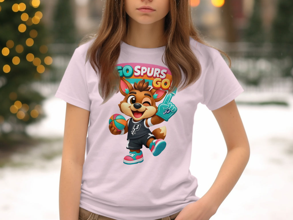 Cartoon fox character in basketball uniform on a white t-shirt with GO SPURS GO text.