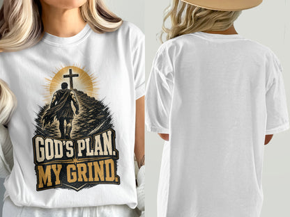 White t-shirt with graphic: man climbing stairs towards a cross, "God's Plan My Grind" text.