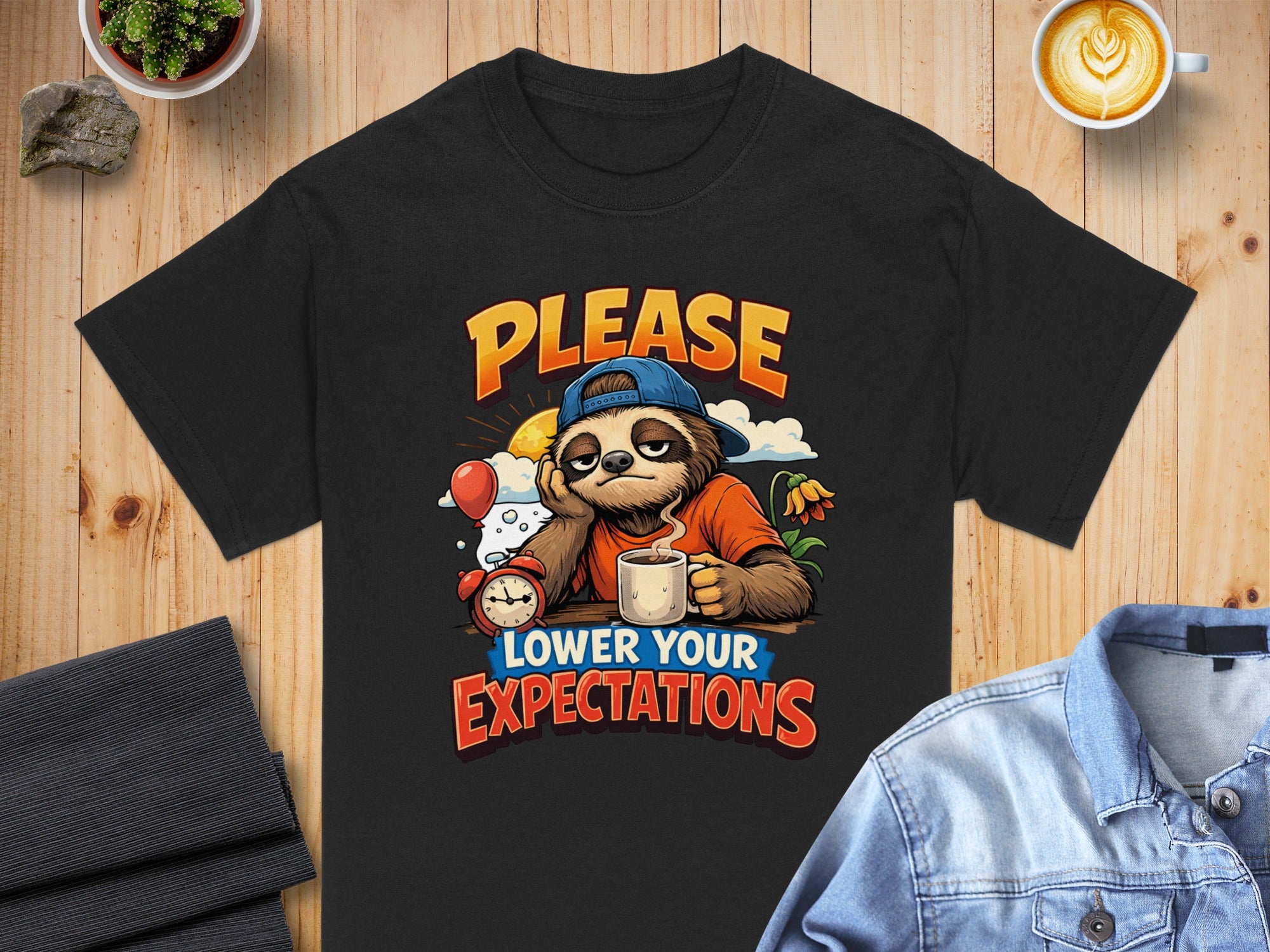 Black t-shirt with sloth wearing a hat, holding coffee, and text: "PLEASE LOWER YOUR EXPECTATIONS".