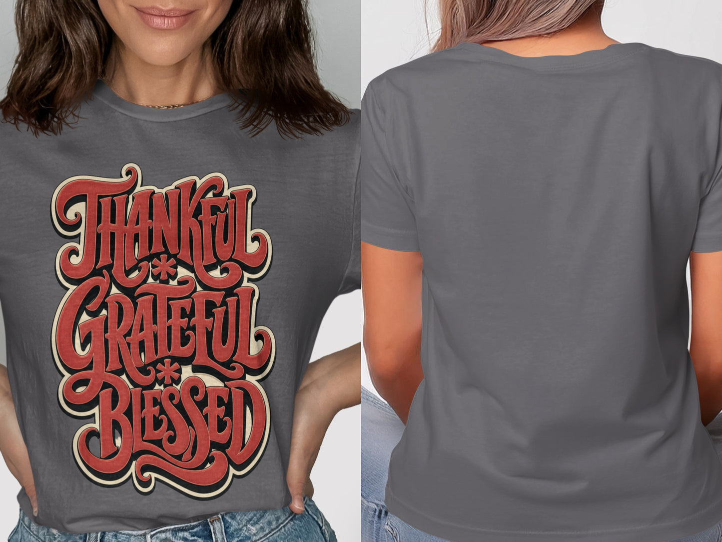 Gray t-shirt with "Thankful Grateful Blessed" text in red, retro lettering.