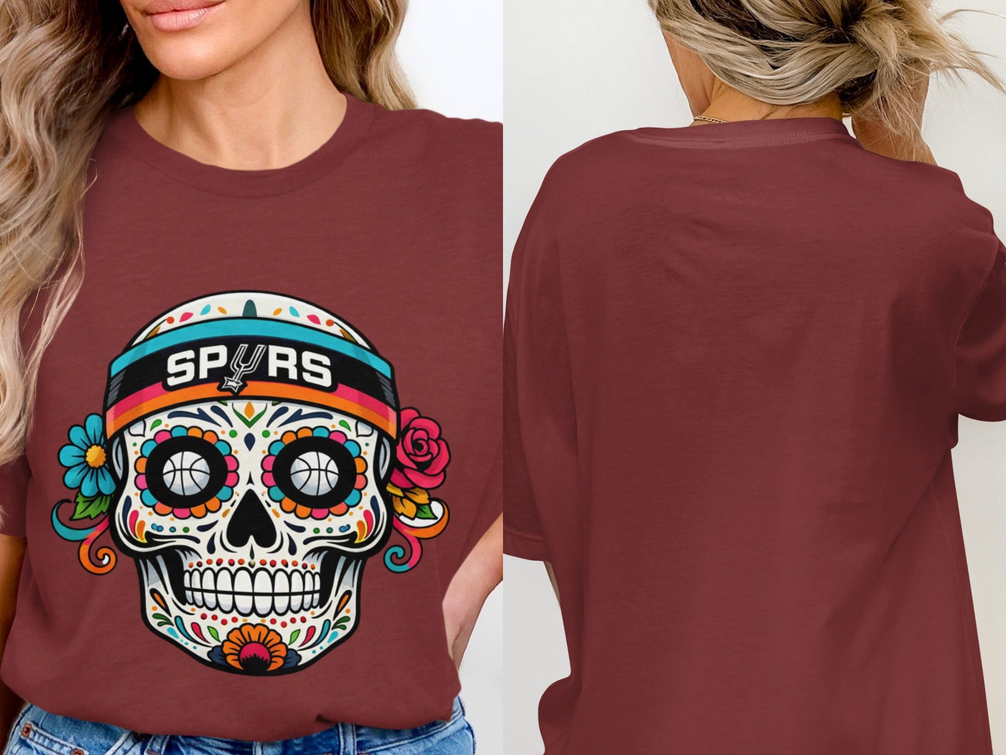 Maroon t-shirt with a colorful sugar skull graphic featuring the Spurs logo.