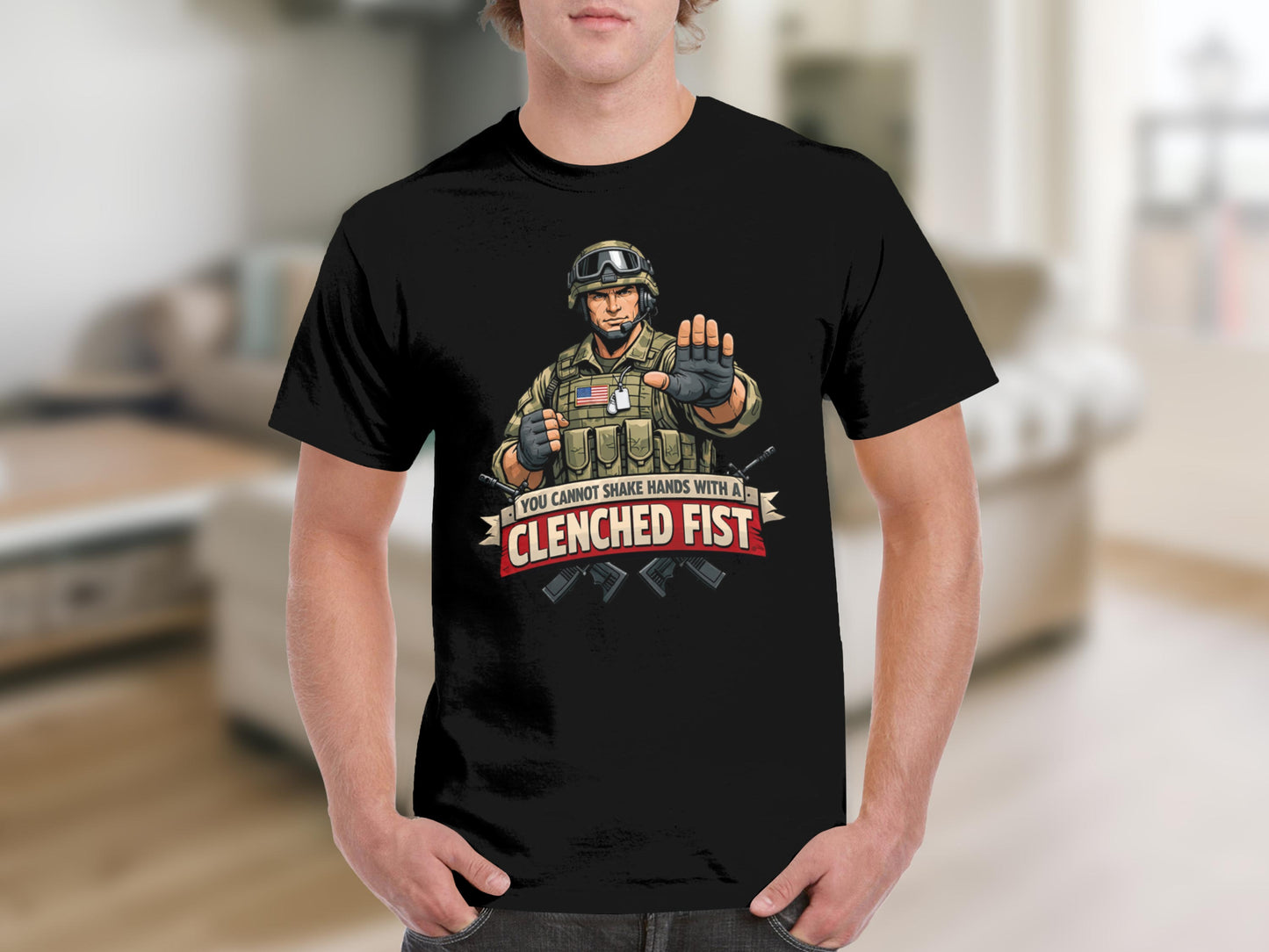 Soldier holding hand up, with text: You cannot shake hands with a clenched fist.