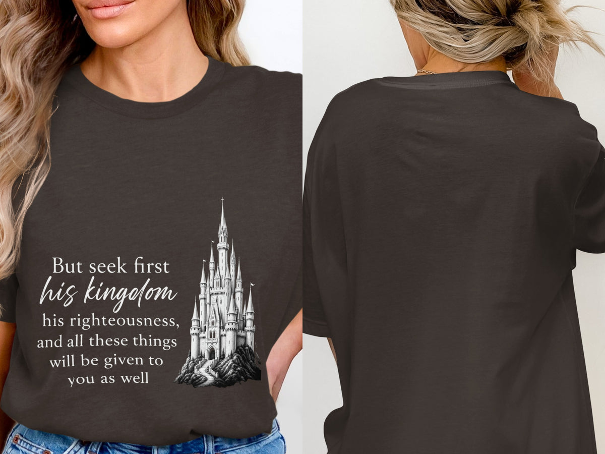 Dark grey t-shirt with castle and Bible verse: "But seek first his kingdom".