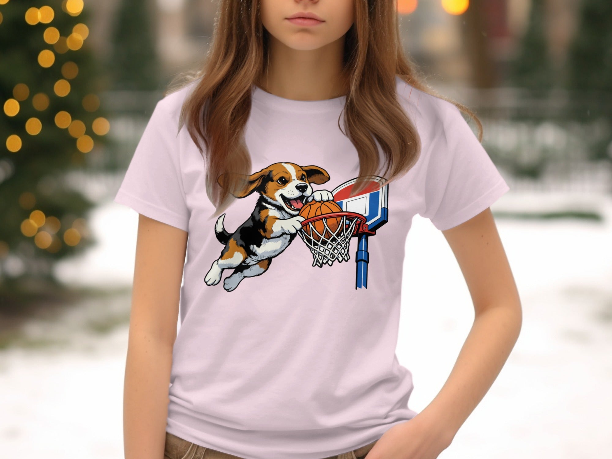 Cartoon beagle dog jumps to dunk basketball into hoop on t-shirt.