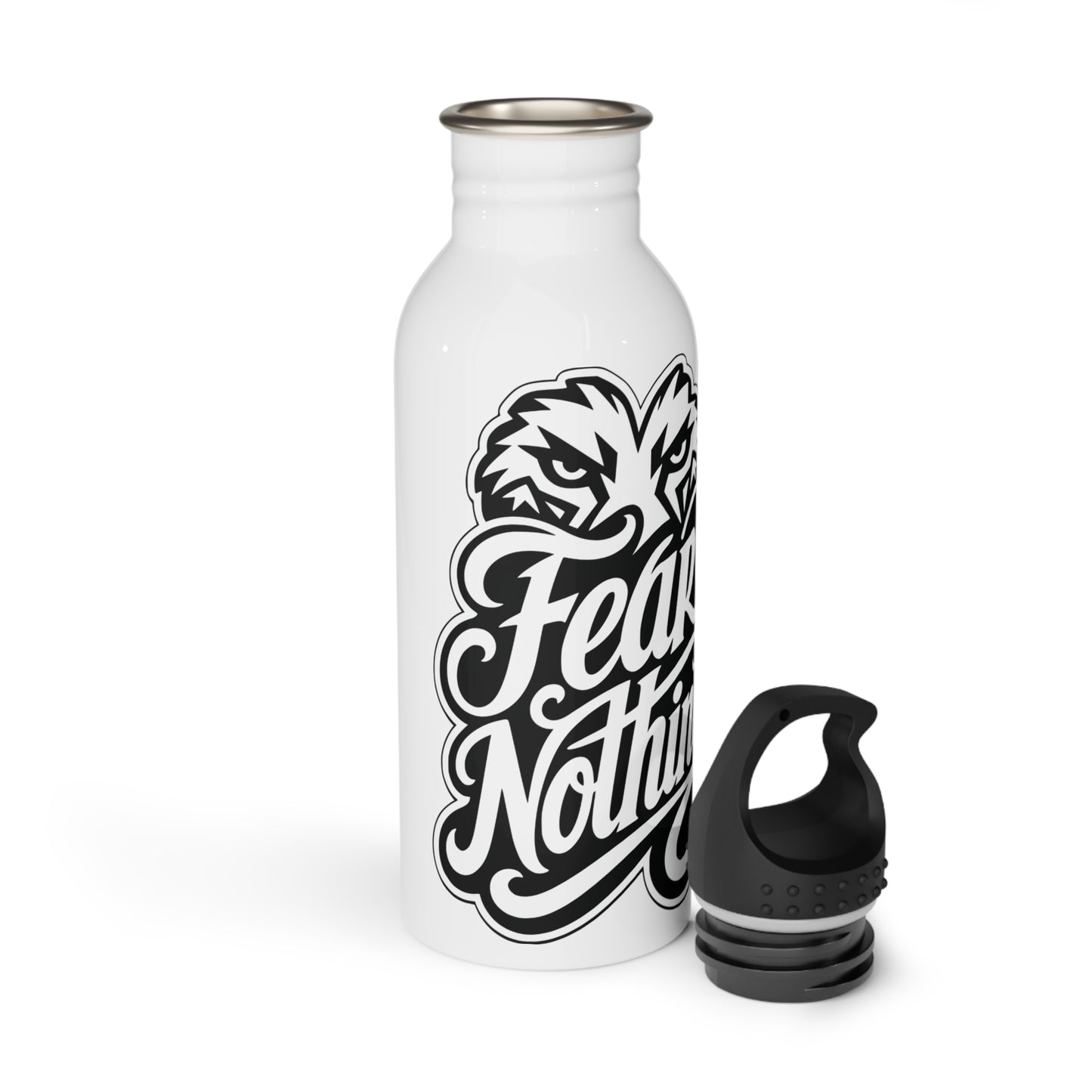White water bottle with black eagle graphic and "Fear Nothing" text.