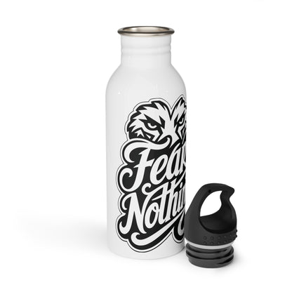 White water bottle with black eagle graphic and "Fear Nothing" text.