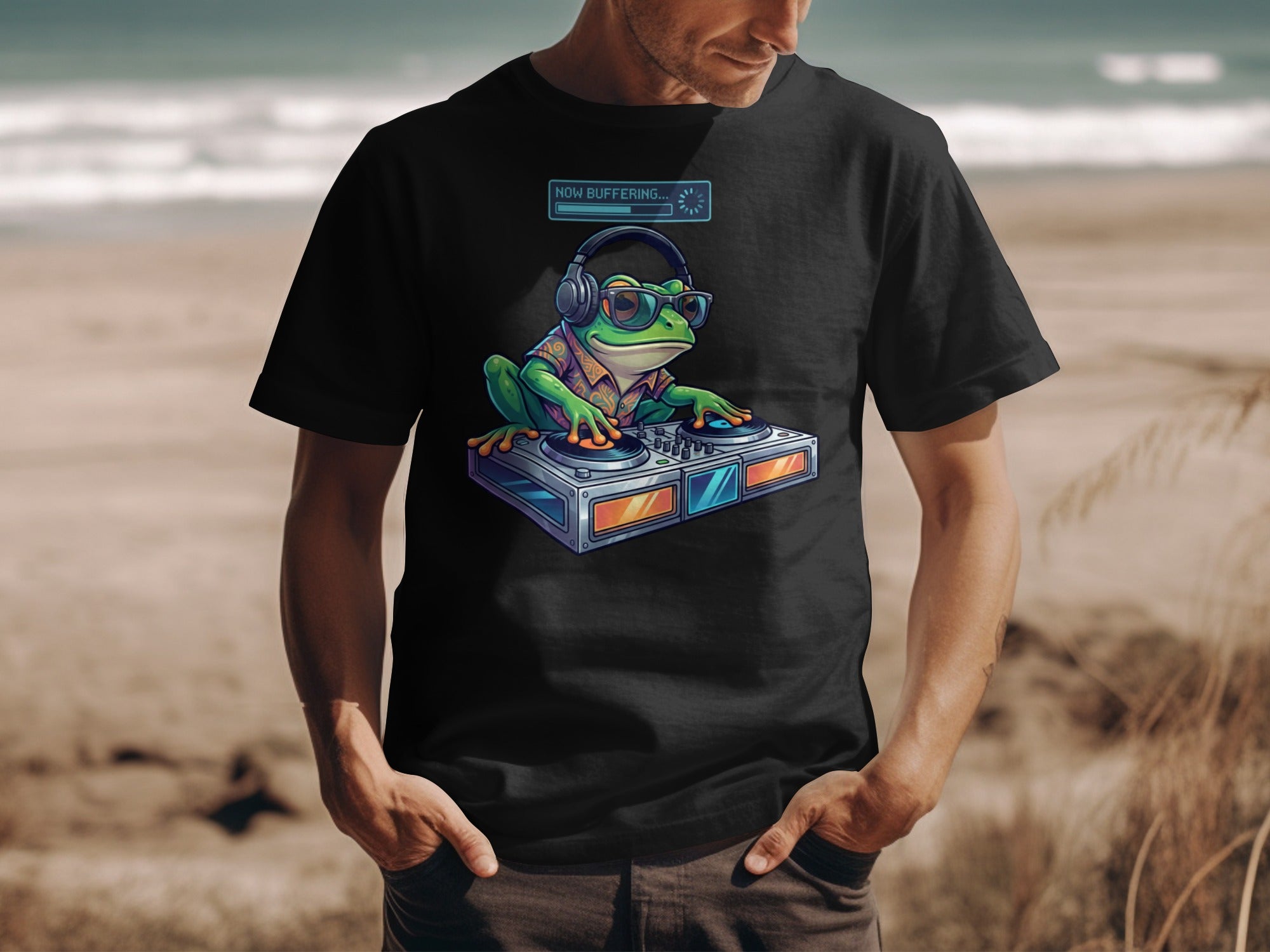 DJ frog wearing headphones and sunglasses spins records with "NOW BUFFERING..." text.
