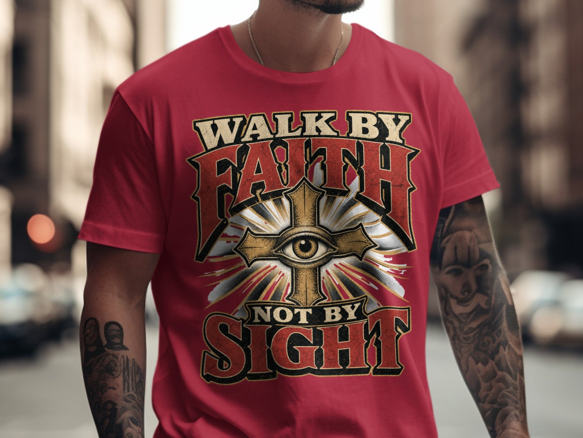 Red t-shirt with "WALK BY FAITH NOT BY SIGHT" text and eye of providence cross.