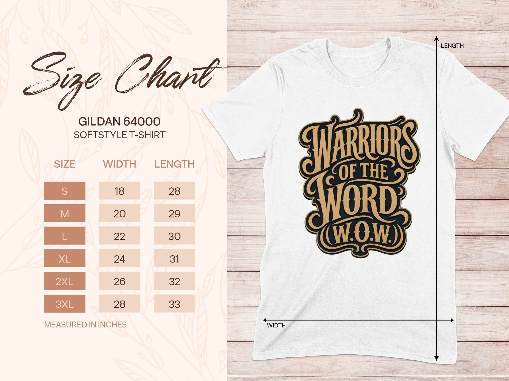 Gildan 64000 Softstyle t-shirt size chart with width and length measurements in inches for sizes S-3XL.
